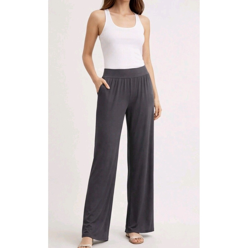 Womens XL Wide-Leg Pants High-Rise Waist Elastic Side Pocket  Nylon Spandex Gray